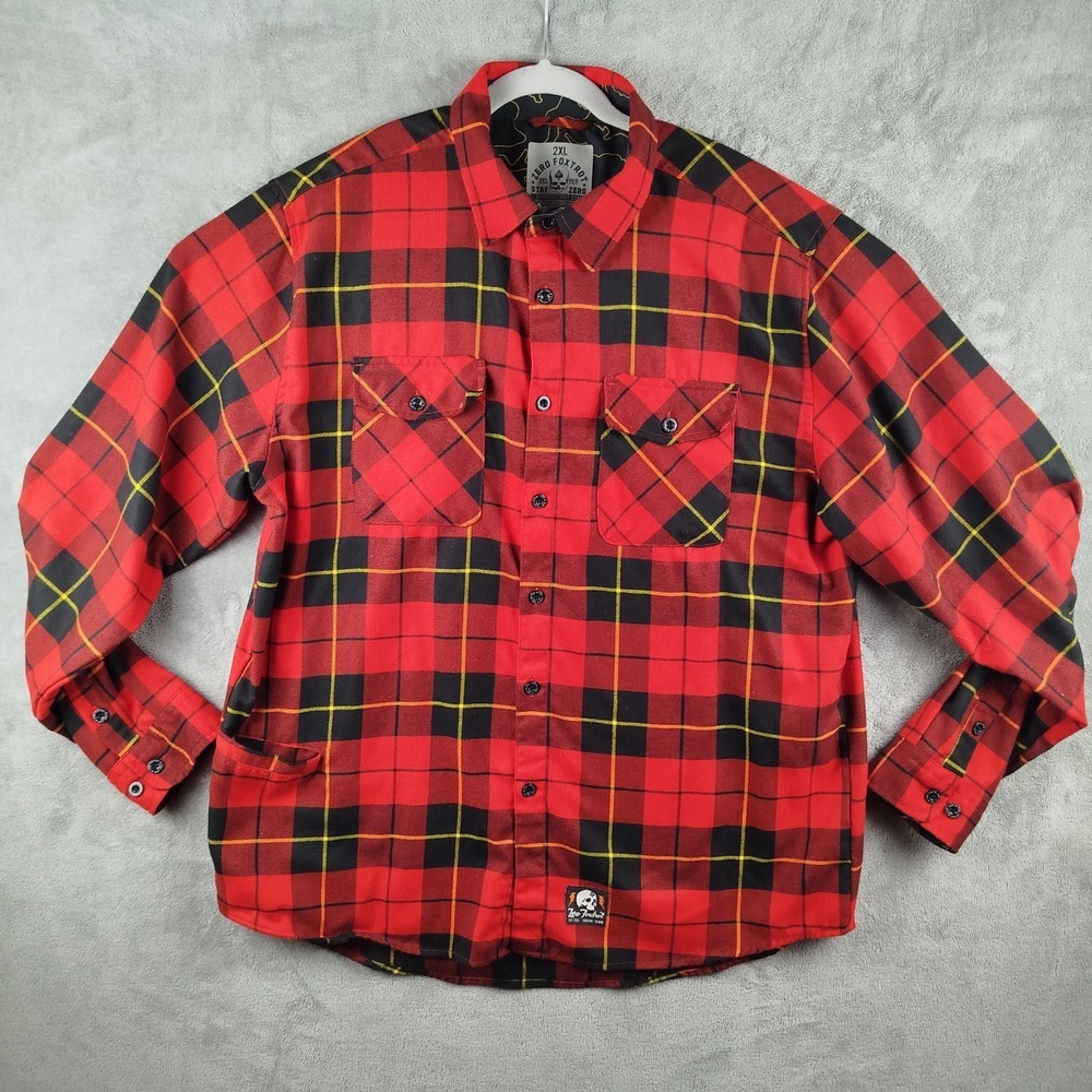 Zero Foxtrot Flannel Shirt Mens 2XL Red Plaid Flip Contrast Cuff‎ Side Pocket